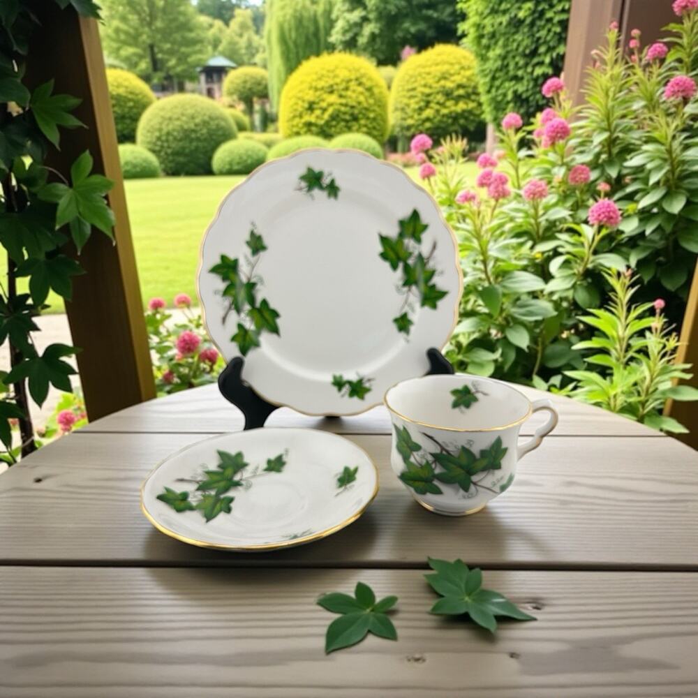 Royal Kent "Green Ivy" Tea Trio Set Made in Staffordshire England Bone China
